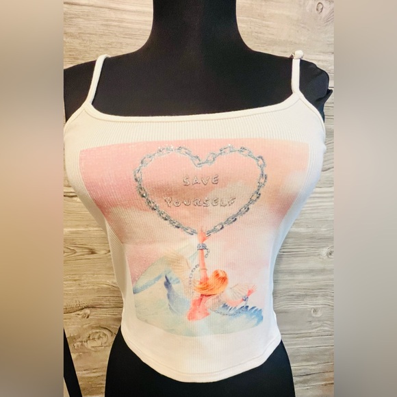 NWT Boys Lie White Ribbed Tank Top Size M/L Crop Top Rhinestone adjustable strap - Picture 3 of 14